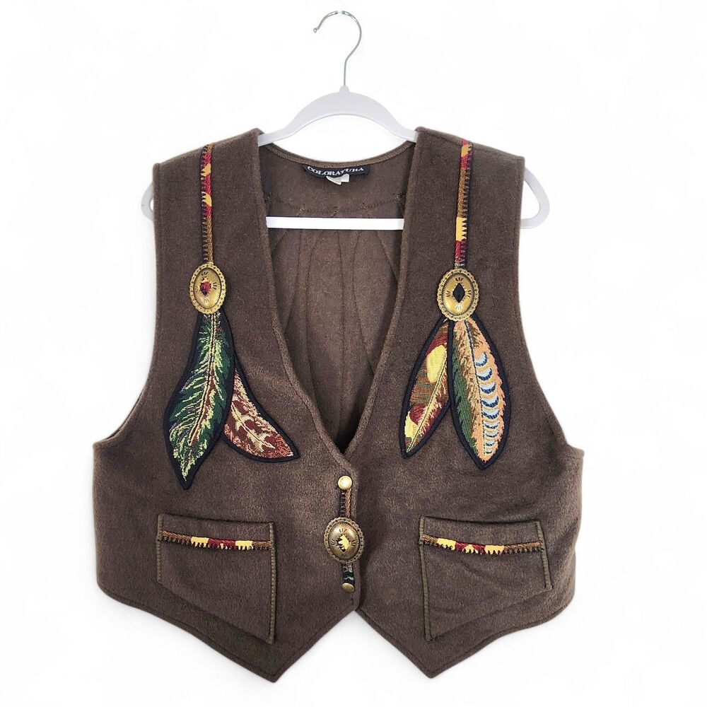 Vintage Coloratura Southwestern Vest Wool Mohair Conchos Feathers Womens Size L